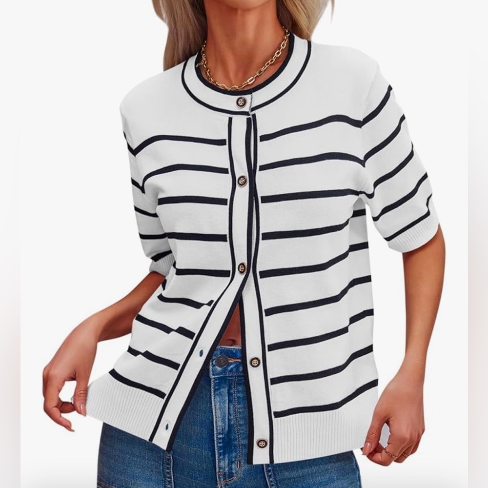 New!! Womens Striped Short Sleeve Cardigans Sweater